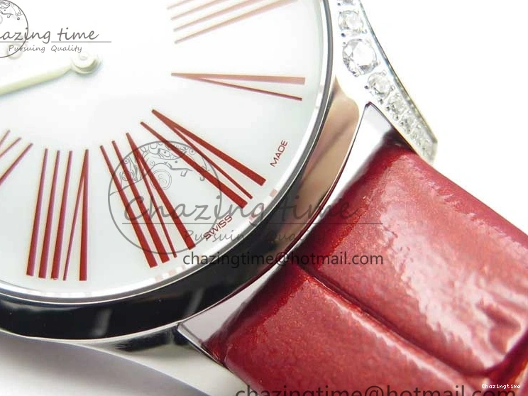 0402 Ladies’ De Ville Trésor Diamond SS 3AF 1:1 Best Edition White Dial On Red Leather Strap Swiss Quartz Snug 7885
